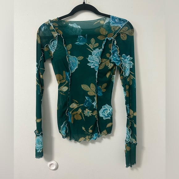 Free People Tops - Free People Green Floral Mesh Blouse